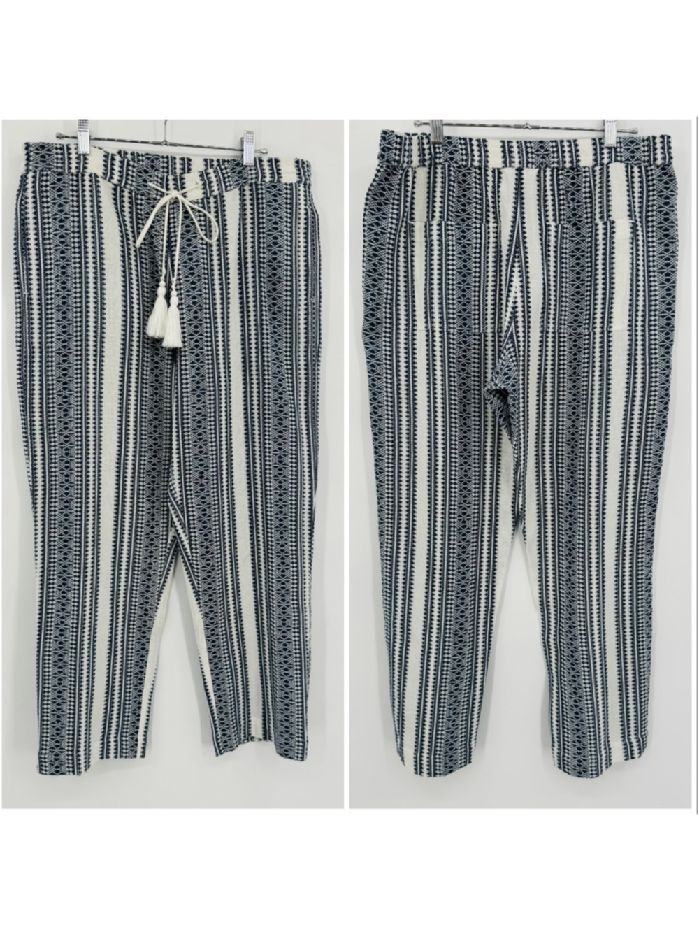 Sundance Geometric Stripe Tassel Pants Size L Blue White Beach Vacation